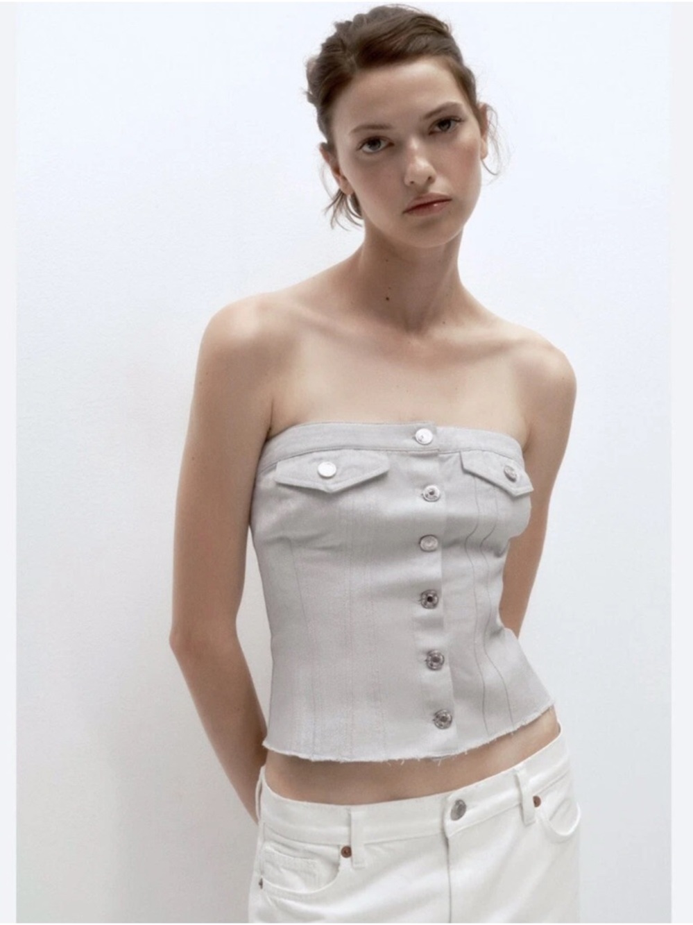 Zara Strapless Button-Front Corset Top in Light Gray